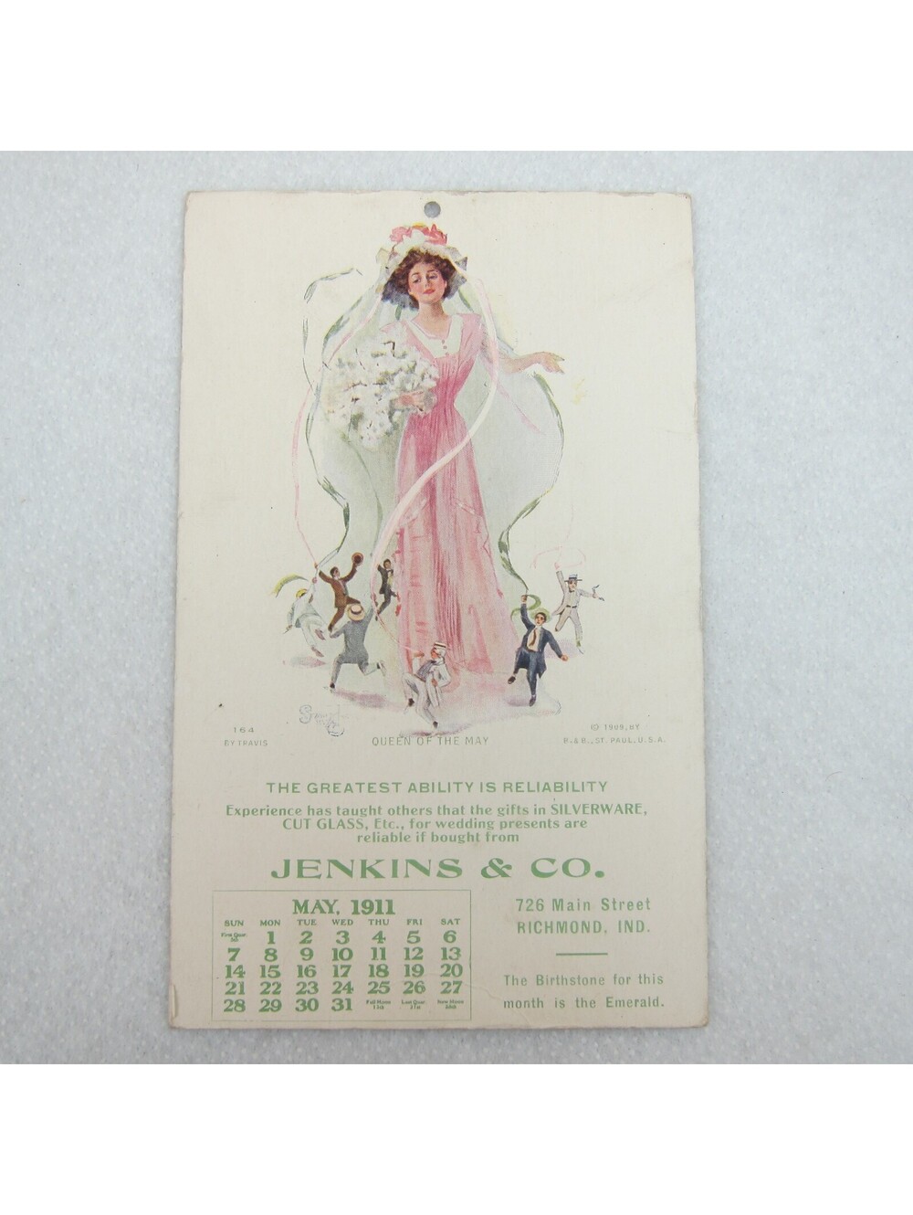 Calendar Postcard Edwardian Woman Queen of May Pole Dancing Antique 1911 RARE